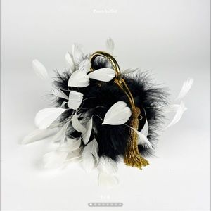 Fabulous black & white feathered bag, with gold hardware & beaded tassel
